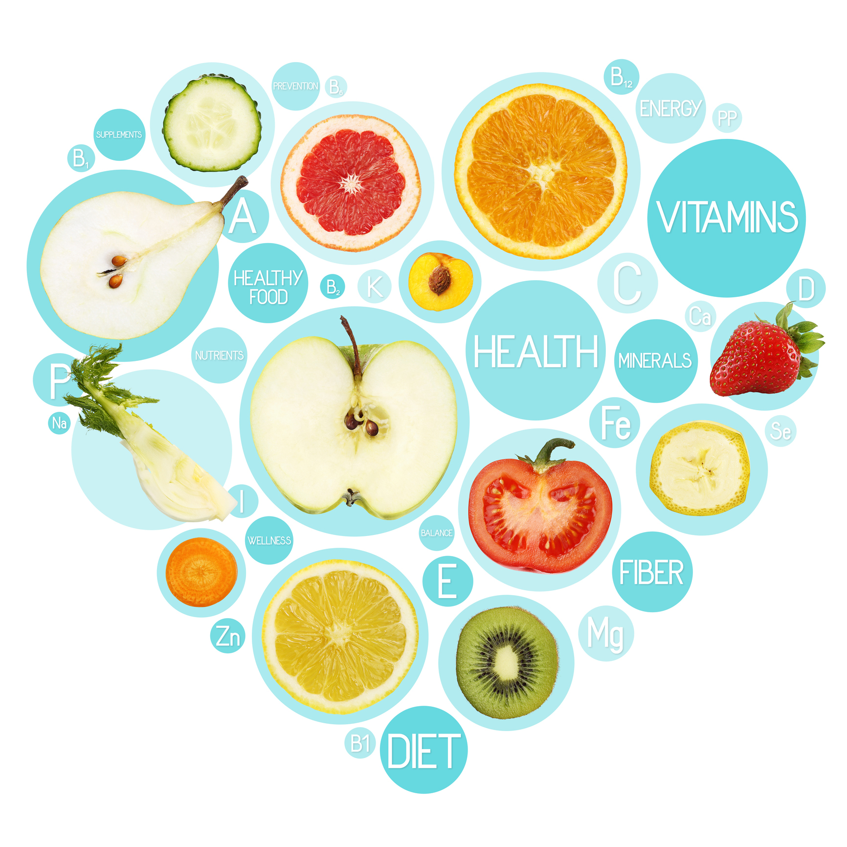Fruit symbols in hearth shape, diet concept Fruit symbols in hearth shape, diet concept